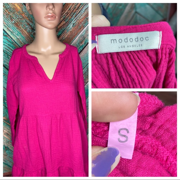 Mododoc Barbie Pink Double Layer Gauze Mandarin Collar Fuchsia Dress - Picture 4 of 7